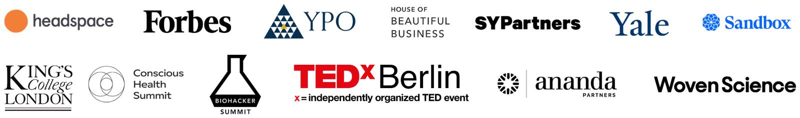 Logos of clients, partners and stages: Headspace, Forbes, YPO, House of Beautiful Business, SYPartners, Yale University, Sandbox, King's College London, Conscious Health Summit, Biohacker Summit, TEDx Berlin, Ananda Partners, Woven Science